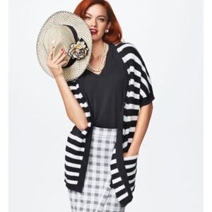 Cabi Black White Striped Short Sleeve Cardigan Sweater Knit Pockets XL
